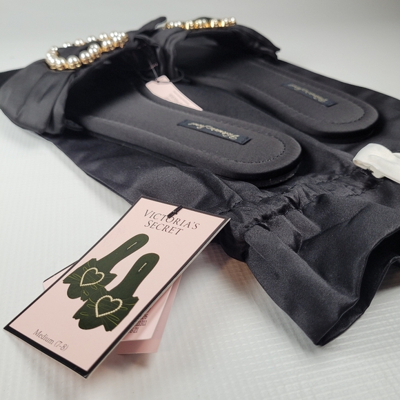 NWT Victoria's Secret Embellished Satin Bow Slide Pearl-Heart Slippers M 8-8.5 - Picture 8 of 10